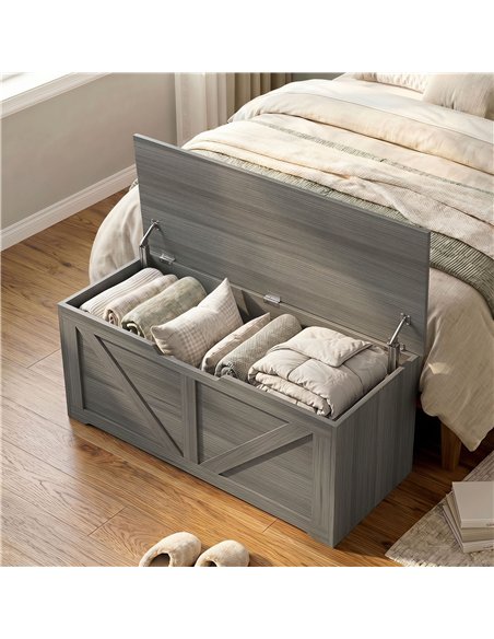 HOMCOM 127L Home Storage Box, with Safety Hinges - Dark Grey Wood-Effect - pic 211103 | FastDaddyshop