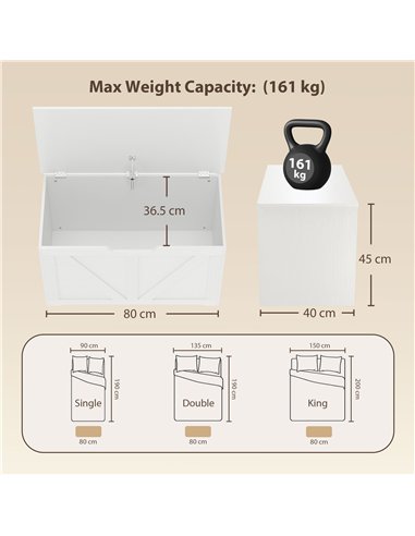 HOMCOM 100L Home Storage Box, with Safety Hinge - White Wood-Effect