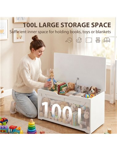 HOMCOM 100L Home Storage Box, with Safety Hinge - White Wood-Effect