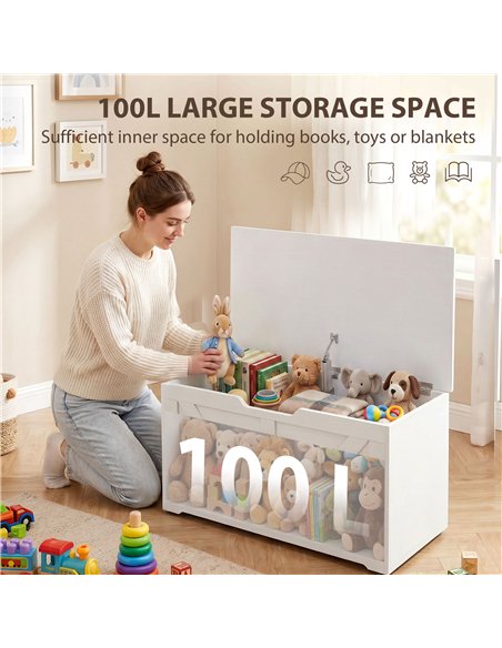 HOMCOM 100L Home Storage Box, with Safety Hinge - White Wood-Effect - pic 211107 | FastDaddyshop