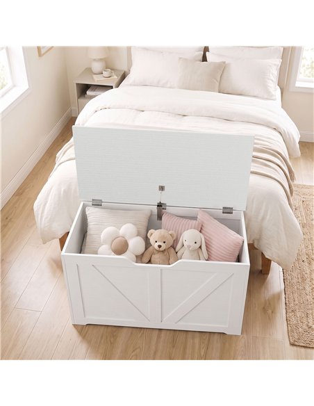 HOMCOM 100L Home Storage Box, with Safety Hinge - White Wood-Effect - pic 211112 | FastDaddyshop