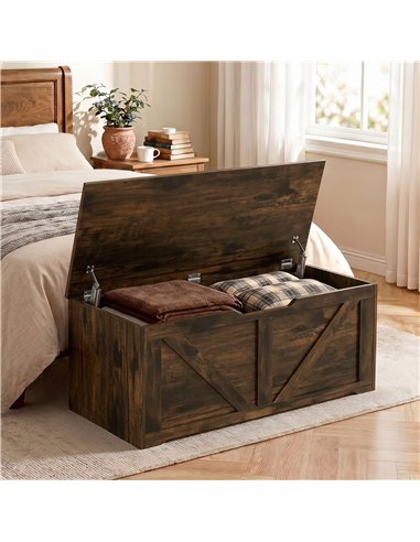 HOMCOM 127L Home Storage Box, with Safety Hinges - Rustic Brown Wood-Effect