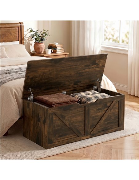 HOMCOM 127L Home Storage Box, with Safety Hinges - Rustic Brown Wood-Effect - pic 211114 | FastDaddyshop