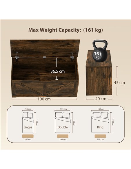 HOMCOM 127L Home Storage Box, with Safety Hinges - Rustic Brown Wood-Effect - pic 211115 | FastDaddyshop