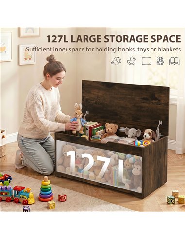 HOMCOM 127L Home Storage Box, with Safety Hinges - Rustic Brown Wood-Effect