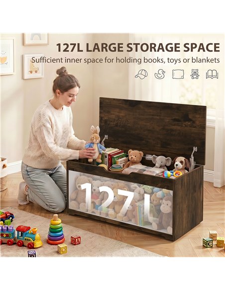HOMCOM 127L Home Storage Box, with Safety Hinges - Rustic Brown Wood-Effect - pic 211116 | FastDaddyshop