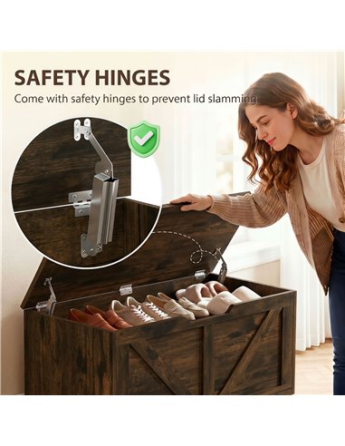 HOMCOM 127L Home Storage Box, with Safety Hinges - Rustic Brown Wood-Effect