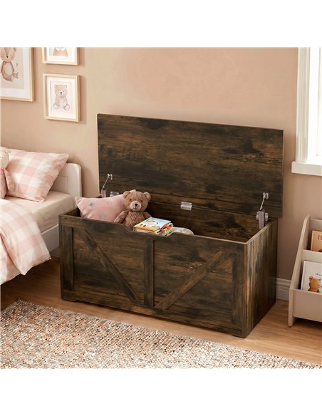 HOMCOM 127L Home Storage Box, with Safety Hinges - Rustic Brown Wood-Effect - pic 211120 | FastDaddyshop
