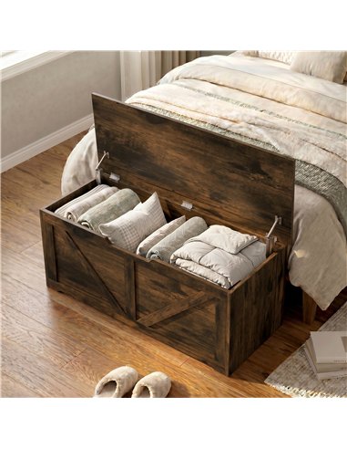 HOMCOM 127L Home Storage Box, with Safety Hinges - Rustic Brown Wood-Effect