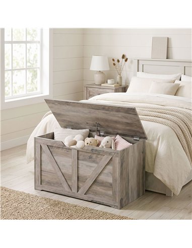 HOMCOM 100L Home Storage Box, with Safety Hinge - Grey Wood-Effect