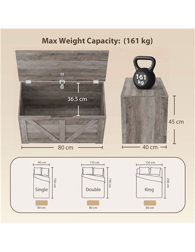 HOMCOM 100L Home Storage Box, with Safety Hinge - Grey Wood-Effect