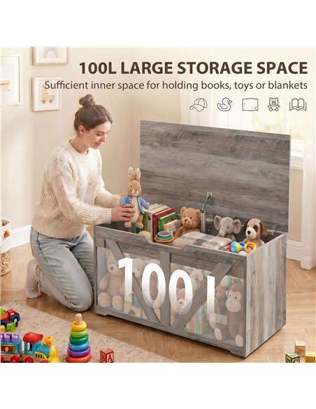 HOMCOM 100L Home Storage Box, with Safety Hinge - Grey Wood-Effect - pic 211125 | FastDaddyshop