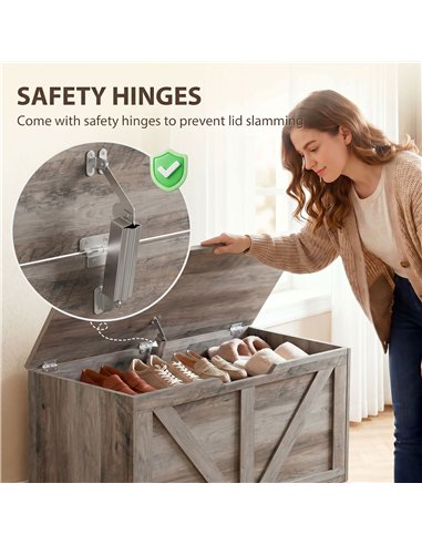 HOMCOM 100L Home Storage Box, with Safety Hinge - Grey Wood-Effect