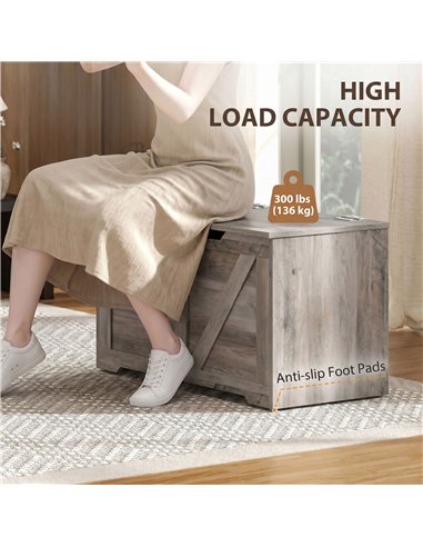 HOMCOM 100L Home Storage Box, with Safety Hinge - Grey Wood-Effect