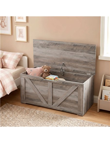 HOMCOM 100L Home Storage Box, with Safety Hinge - Grey Wood-Effect - pic 211129 | FastDaddyshop