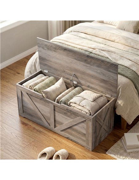 HOMCOM 100L Home Storage Box, with Safety Hinge - Grey Wood-Effect - pic 211130 | FastDaddyshop