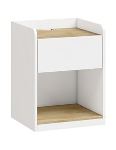 HOMCOM Modern Bedside Table, Slim Nightstand with Drawer, Shelf and Cable Holes, White and Oak