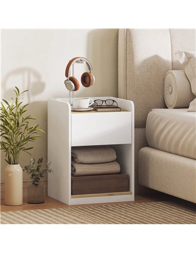 HOMCOM Modern Bedside Table, Slim Nightstand with Drawer, Shelf and Cable Holes, White and Oak