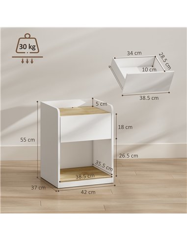 HOMCOM Modern Bedside Table, Slim Nightstand with Drawer, Shelf and Cable Holes, White and Oak