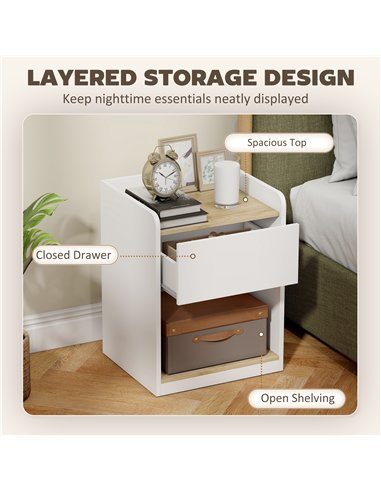 HOMCOM Modern Bedside Table, Slim Nightstand with Drawer, Shelf and Cable Holes, White and Oak