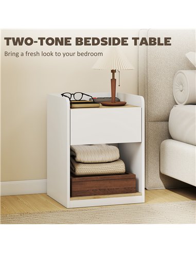 HOMCOM Modern Bedside Table, Slim Nightstand with Drawer, Shelf and Cable Holes, White and Oak