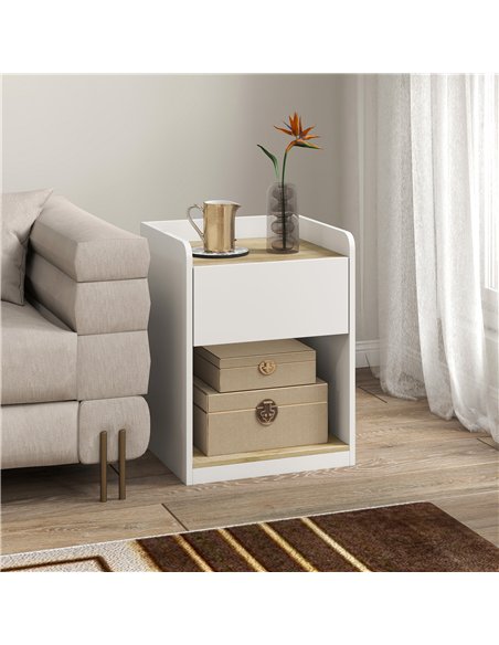 HOMCOM Modern Bedside Table, Slim Nightstand with Drawer, Shelf and Cable Holes, White and Oak - pic 211137 | FastDaddyshop