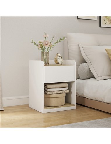 HOMCOM Modern Bedside Table, Slim Nightstand with Drawer, Shelf and Cable Holes, White and Oak