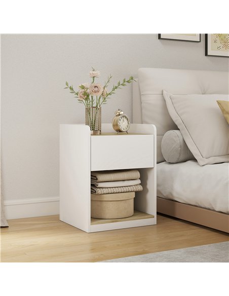 HOMCOM Modern Bedside Table, Slim Nightstand with Drawer, Shelf and Cable Holes, White and Oak - pic 211138 | FastDaddyshop