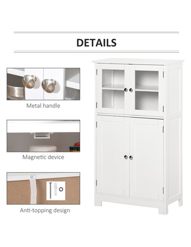 Kleankin Bathroom Floor Storage Cabinet with Tempered Glass Doors, Adjustable Shelf, White