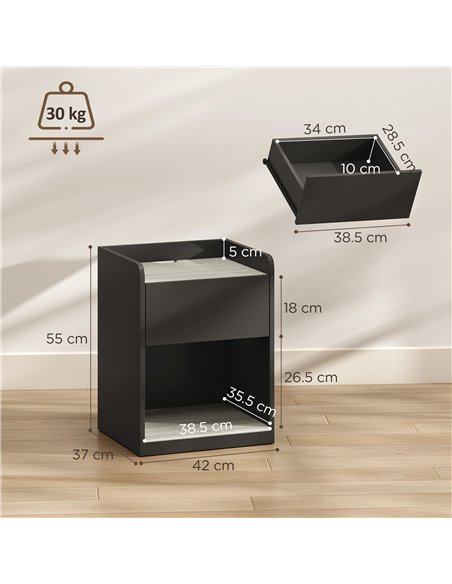 HOMCOM Modern Bedside Table, Slim Nightstand with Drawer, Shelf and Cable Holes, Black and Grey Wood Effect - pic 211142 | FastDaddyshop