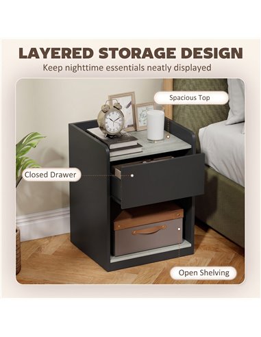 HOMCOM Modern Bedside Table, Slim Nightstand with Drawer, Shelf and Cable Holes, Black and Grey Wood Effect
