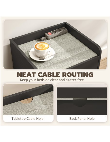 HOMCOM Modern Bedside Table, Slim Nightstand with Drawer, Shelf and Cable Holes, Black and Grey Wood Effect - pic 211144 | FastDaddyshop