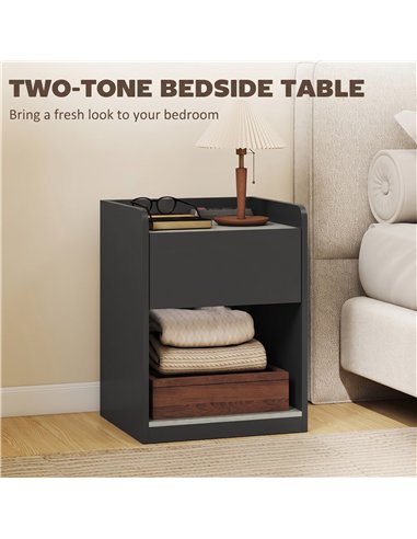 HOMCOM Modern Bedside Table, Slim Nightstand with Drawer, Shelf and Cable Holes, Black and Grey Wood Effect
