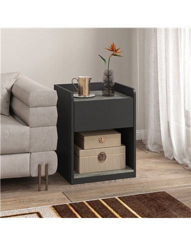 HOMCOM Modern Bedside Table, Slim Nightstand with Drawer, Shelf and Cable Holes, Black and Grey Wood Effect