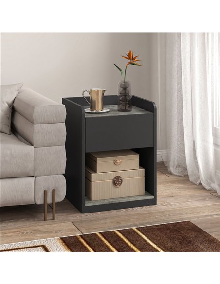 HOMCOM Modern Bedside Table, Slim Nightstand with Drawer, Shelf and Cable Holes, Black and Grey Wood Effect - pic 211146 | FastDaddyshop