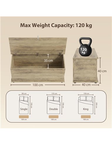 HOMCOM Large 114L Storage Chest Grey Wood Bench Trunk with Safety Lid for Bedroom Hallway and Living Room 100 x 40 x 40cm