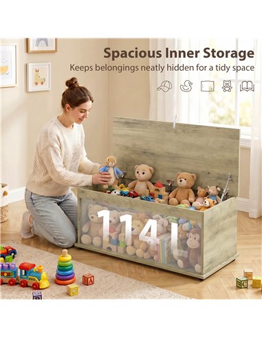 HOMCOM Large 114L Storage Chest Grey Wood Bench Trunk with Safety Lid for Bedroom Hallway and Living Room 100 x 40 x 40cm