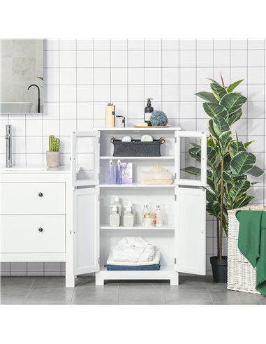 Kleankin Bathroom Floor Storage Cabinet with Tempered Glass Doors, Adjustable Shelf, White