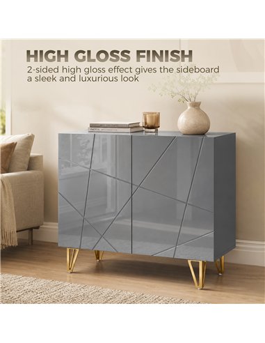 HOMCOM Modern Luxe High Gloss Sideboard, with Hairpin Legs - Grey