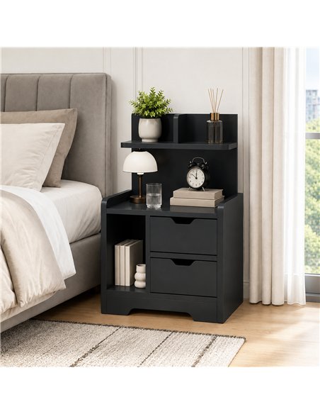 HOMCOM Bedside Table, Small Bedside Cabinet with 2 Drawers and Storage Shelves for Bedroom, Black Wood Effect - pic 211177 | FastDaddyshop