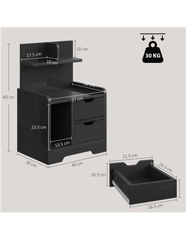HOMCOM Bedside Table, Small Bedside Cabinet with 2 Drawers and Storage Shelves for Bedroom, Black Wood Effect