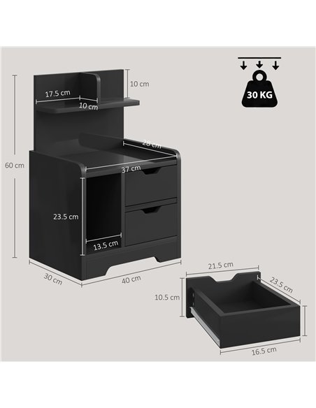 HOMCOM Bedside Table, Small Bedside Cabinet with 2 Drawers and Storage Shelves for Bedroom, Black Wood Effect - pic 211178 | FastDaddyshop