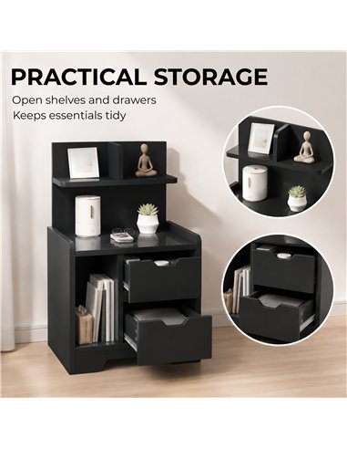 HOMCOM Bedside Table, Small Bedside Cabinet with 2 Drawers and Storage Shelves for Bedroom, Black Wood Effect