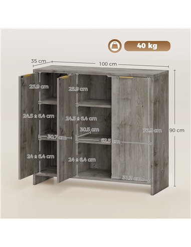 HOMCOM Sideboard Cabinet, Modern Storage Cabinet with 3 Doors and Adjustable Shelves for Living Room, Dining Room, Grey