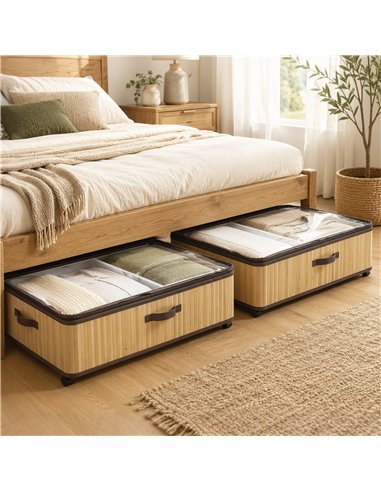 HOMCOM 60L Under Bed Storage with Wheels Pack of 2, Underbed Storage Box with Clear Lid Cover and Reinforced Handle, Natural