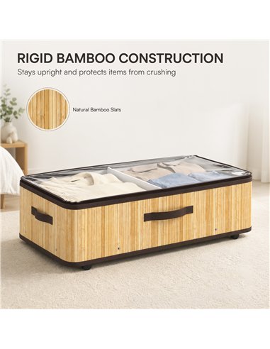 HOMCOM 60L Under Bed Storage with Wheels Pack of 2, Underbed Storage Box with Clear Lid Cover and Reinforced Handle, Natural