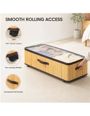 HOMCOM 60L Under Bed Storage with Wheels Pack of 2, Underbed Storage Box with Clear Lid Cover and Reinforced Handle, Natural