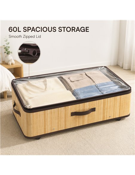 HOMCOM 60L Under Bed Storage with Wheels Pack of 2, Underbed Storage Box with Clear Lid Cover and Reinforced Handle, Natural - pic 211208 | FastDaddyshop