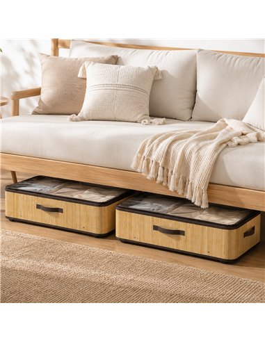 HOMCOM 60L Under Bed Storage with Wheels Pack of 2, Underbed Storage Box with Clear Lid Cover and Reinforced Handle, Natural