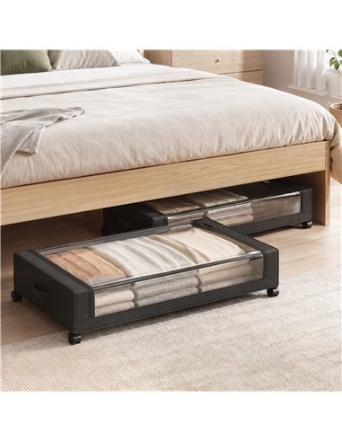 HOMCOM 40L Under Bed Storage On Wheels Pack of 2, Fabric Rolling Under Bed Drawers with Clear Lid, Zip, Steel Frame, Black